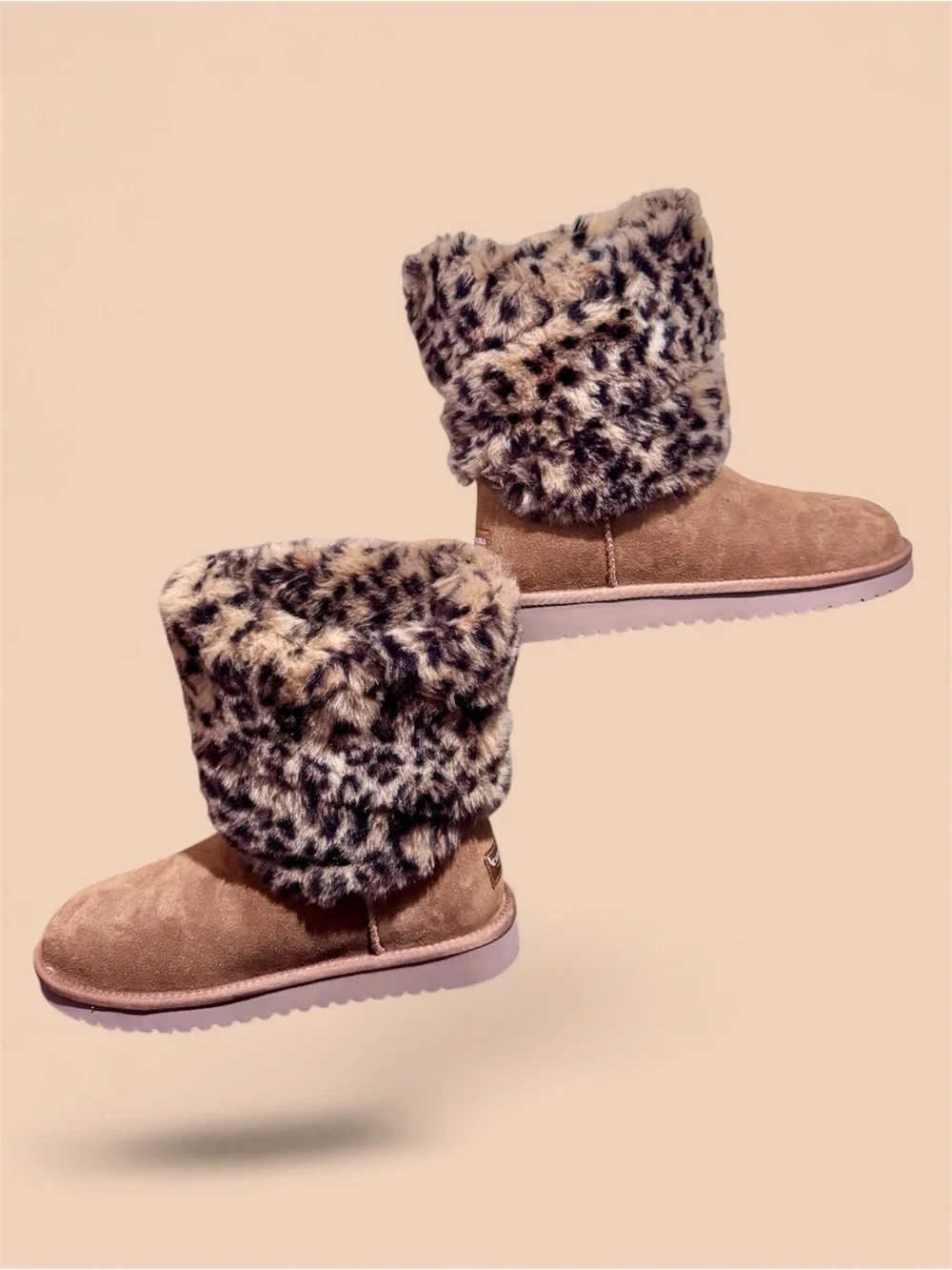 UGG Koolaburra Tan Suede Ankle Boots with Leopard Faux-Fur Cuff